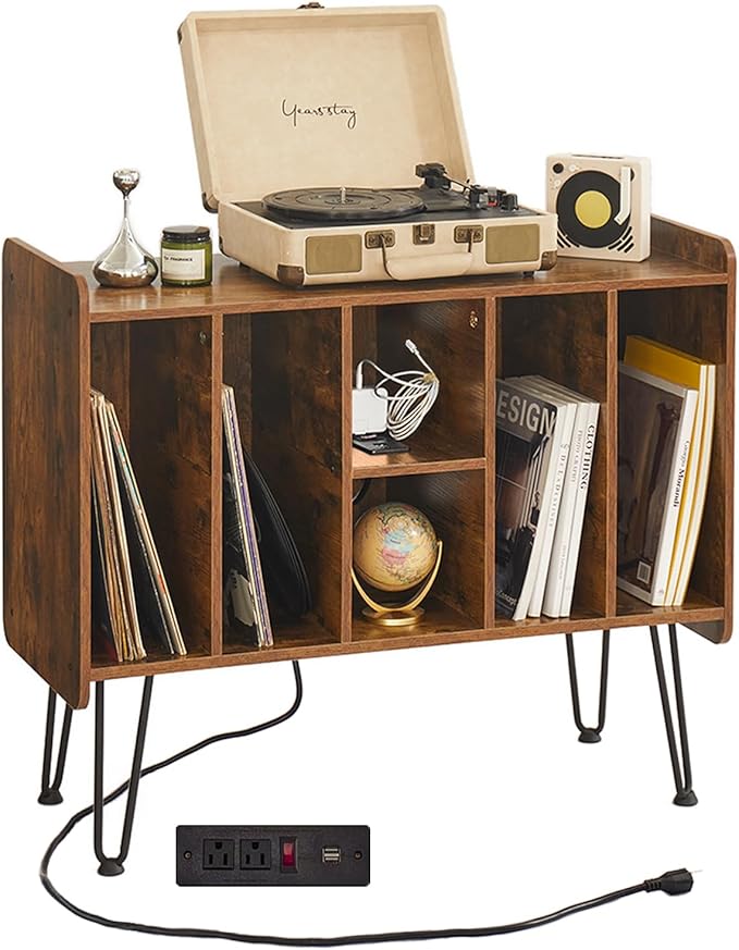 Large Brown Record Player Stand with Vinyl Storage, Power and USB Port, Holds Up to 200 Albums, Turntable Stand with Record Storage Cabinet