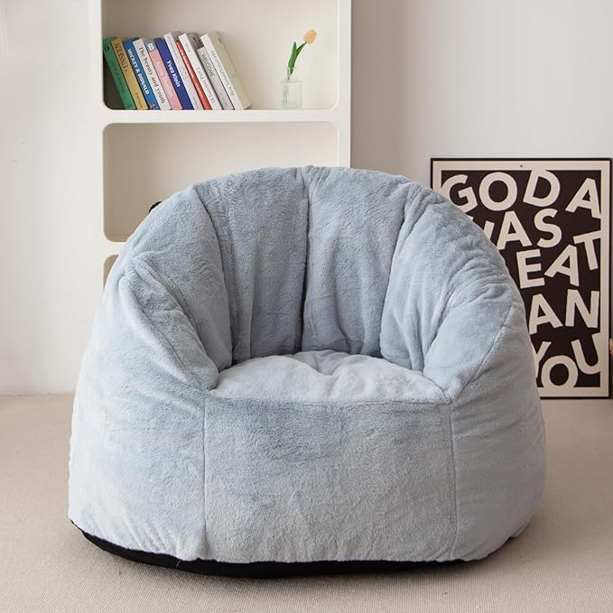 N&V Large Shell Bean Bag Chair, Adult Size Bean Bag Sack, Foam Filling, Includes Removable and Machine Washable Cover, 40in, Soft Faux Fur, Grey