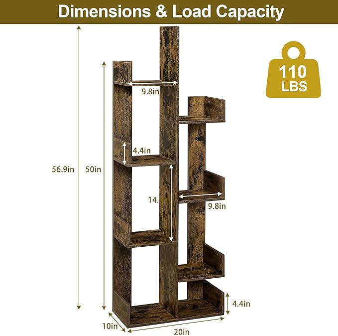 VECELO 8-Tier Tall Cactus-Shaped Tree Bookshelf, Vertical Bookcase with Waterproof Shelves & Rounded Corners, Modern Display Rack for Small Spaces in Living Room, Office, Bedroom, Rustic Brown