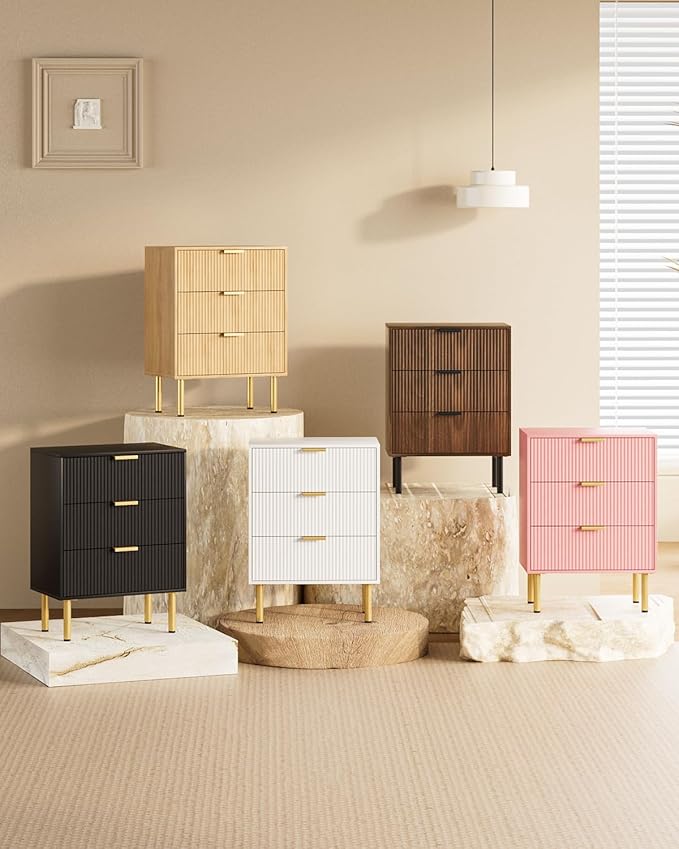 Night Stand,Tall Bedside Table with 3Storage Drawers,White Nightstand,Bedside Furniture,Side Table with Gold Frame,End Table for Bedroom,Living Room (Modern-3drawers, White)