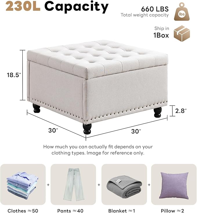 Tbfit Large Square Storage Ottoman Bench, Botton Tufted Upholstered Coffee Table with Wooden Legs, Oversized Storage Ottomans Toy Box Footrest for Living Room, Apartment, Beige