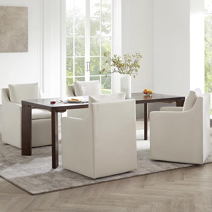 Upholstered Dining Chairs with Casters Washable Cover Side Deskchair with Rollers for Diningroom, Living Room, Flax Beige, 2 Box