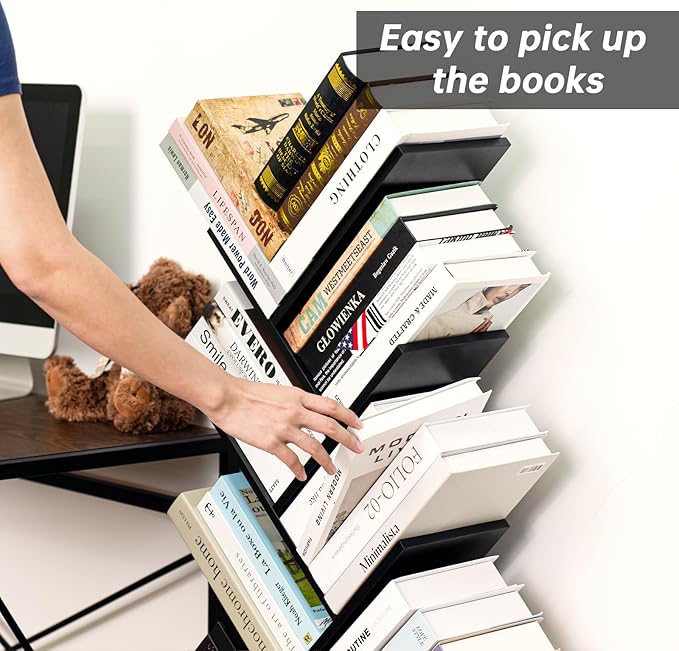 8 Tier Tree Bookshelf with Drawer, Free Standing Wood Bookcase for Living Room, Bedroom, Home Office, Space Saving Storage Organizer Bookshelves for Books, CDs, Vinyl Records- Black
