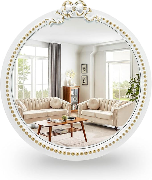 Vintage Round Wall Mirror 11.8inch Small Farmhouse Wooden Vanity Mirror for Wall Decor, Decorative Antique White Nursery Mirrors, Traditional Art Home Bow Decor for Living Room,Bedroom
