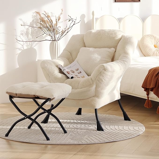 Large Lazy Chair with Ottoman, Accent Reading Chair with a Throw Pillow, Cozy Lounge Chair with Armrest, Leisure Sofa Chair for Living Room, Bedroom, Dorm, Plush Ivory
