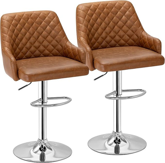 VECELO Adjustable Bar Stools Set of 2, Bar Height Stools for Kitchen Counter,Brown