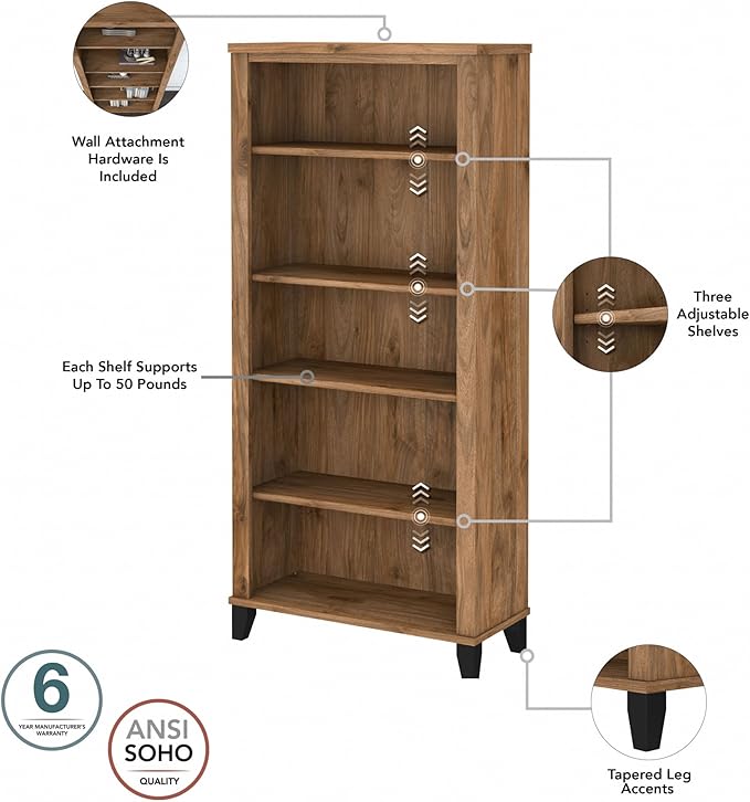 Bush Furniture Somerset 5 Shelf Bookcase in Fresh Walnut, Tall Bookshelf, Large Book Shelf for Living Room, Home Office, or Entryway