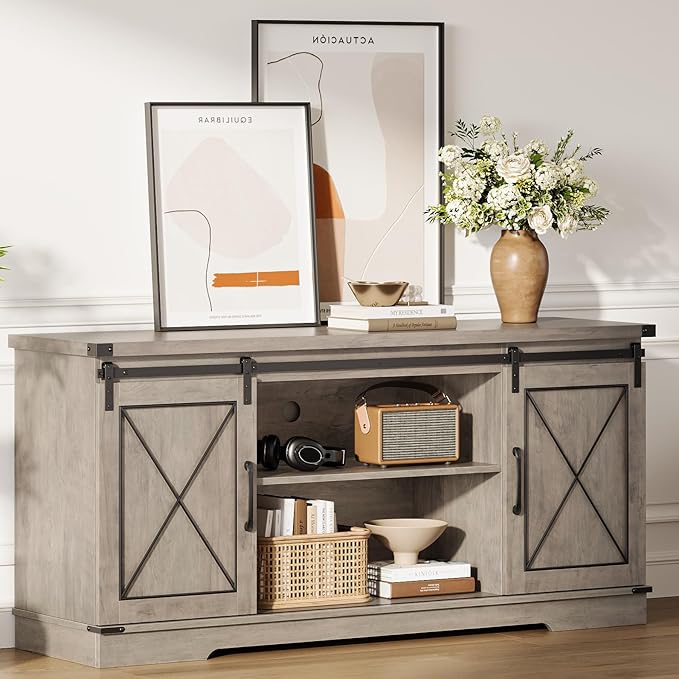 IDEALHOUSE Farmhouse TV Stand and Entertainment Center for Tv up to 65 inches with Sliding Barn Doors and Adjustable Shelf, Tv Media Console Table with Storage Cabinet for Living Room, Grey