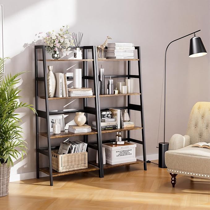HITNET Ladder Shelf, 4 Tier Bookshelf with Bamboo Frame, Freestanding Bathroom Storage Shelving Unit for Living Room, Home Office, Bedroom, Rustic Brown and Black