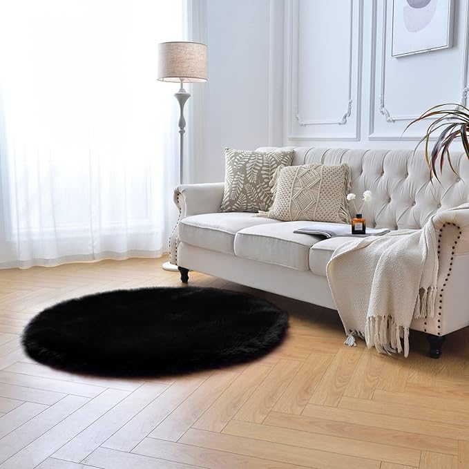 duduta Black Faux Sheepskin Round Rug 4x4 ft, Fluffy Shag Fur Bedroom Nursery Kids Playroom Rug Dorm Decor Non Slip Washable