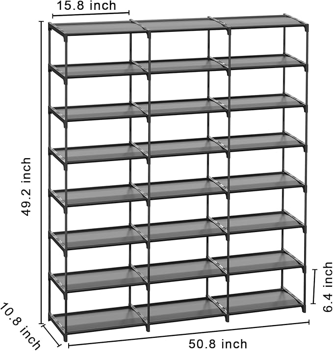 Large Shoe Rack 3 Row 8 Tier 40-60 Pairs Shoes Boots with Plastic Plate Home Sturdy Storage Organizer Shelf for Garage Entryway Hallway Front Doorway