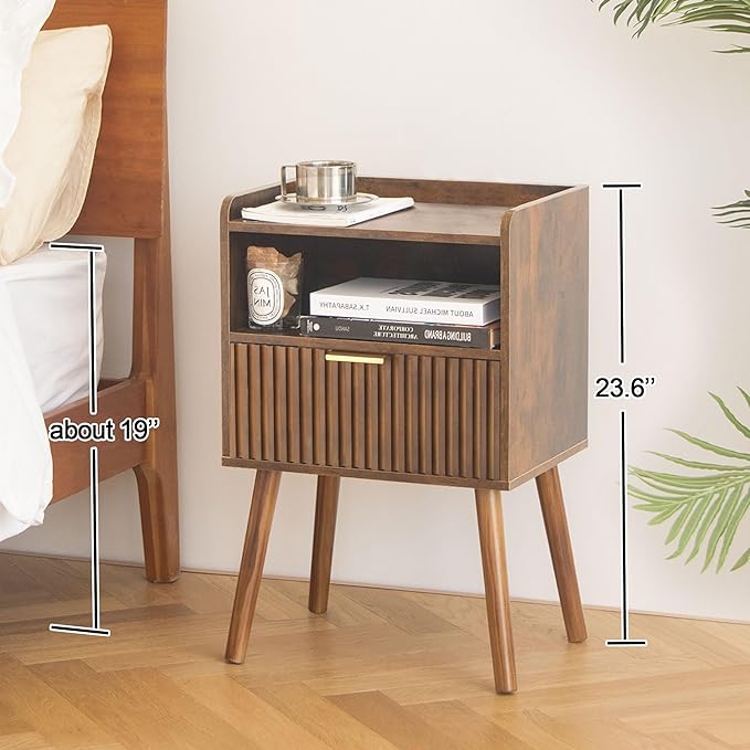 AWASEN Mid Century Modern Nightstand, Wood Bedside Table with Fluted Drawers, Rustic Night Stand Bed Side Table with Solid Wood for Living Room, Bedroom, Office and Small Space (Rustic Brown)