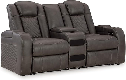 Signature Design by Ashley Fyne-Dyme Contemporary Power Reclining Loveseat with Console, USB Charging Ports and Adjustable Headrest, Gray