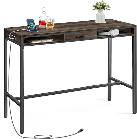 VASAGLE Bar Table with Power Outlets, 47.2 Inches Long Bar Height Pub Table, Rectangular High Top, with Movable Drawer, 2 Hooks, Narrow Storage for Kitchen, Dining, Entryway, Ash Brown