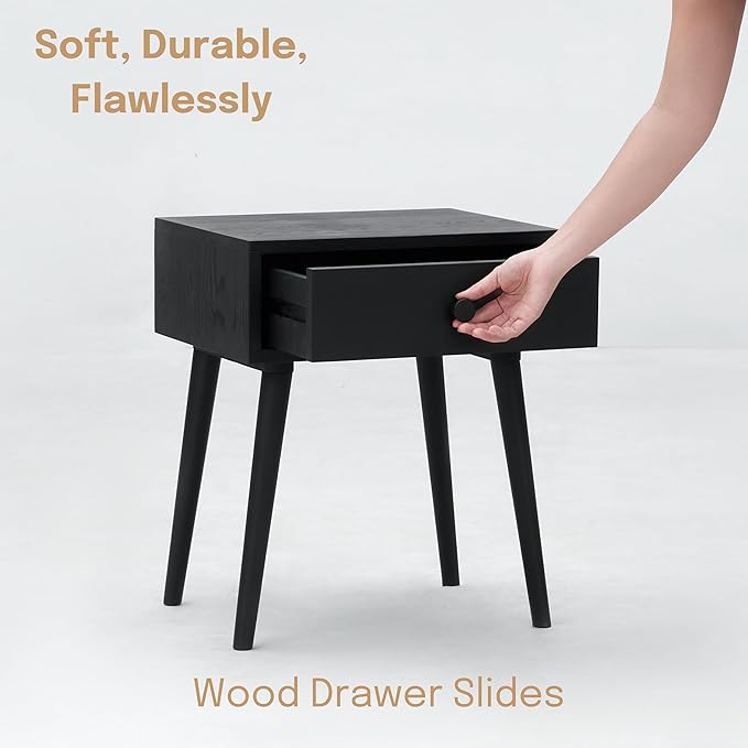 NTC Solid Oak Lux Nightstand with Drawer, Mid Century Modern Side Table Bedroom, Bedside Furniture, Night Stand, End Table, Easy Assembly - Burnt Black