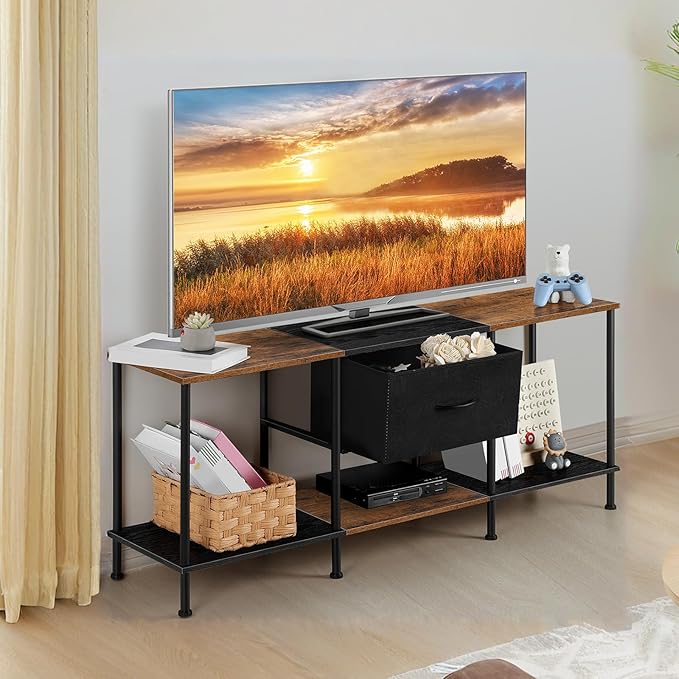 Vrisa TV Stand for 50/55 inch Television TV Cabinet with Open Storage TV Stands with Fabric Drawer Storage Organization TV Stands for Living Room Bedroom, Black+Brown