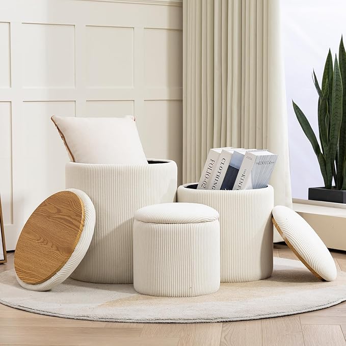 Round Set of 3 Ottoman with Storage-Upholstered Velvet Vanity Stool for Modern Multifunctional Coffee Table Padded Seat Foot Rest for Living Room and Bedroom (White)