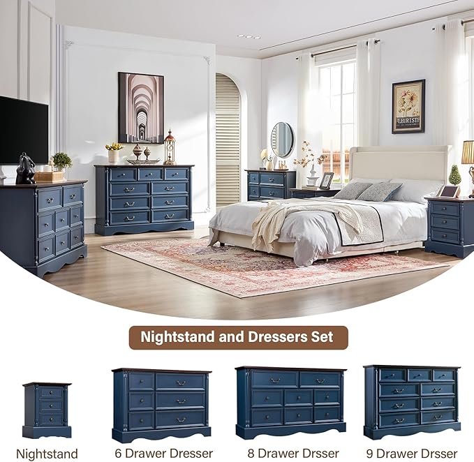 Nightstand with 3 Drawers, Rustic Night Stand 18' Wide Side Table with Storage, Mid-Century Modern Couch End Table with Vintage Handles, Small Dresser for Bedroom, Living Room, Indigo Blue