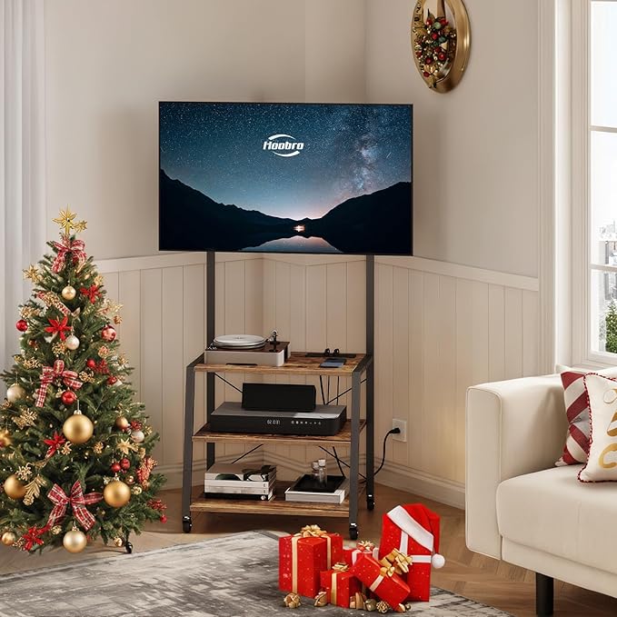 HOOBRO Rolling TV Stand with Mount and Power Outlet Up to 55 inch TV, Corner Entertainment Center, Small TV Stand with 3-Tier Storage Shelves for Living Room, Bedroom, Rustic Brown and Black BF66UDS01