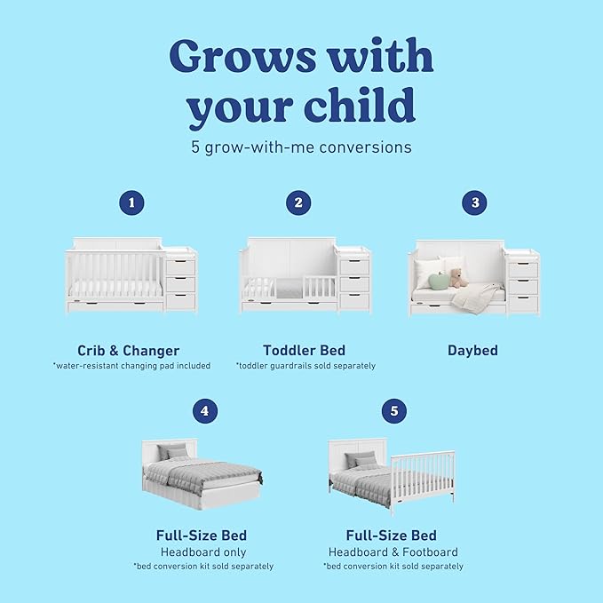 Graco Hadley All-in-One Convertible Crib & Changer (White) – GREENGUARD Gold Certified, Fits Standard Crib Mattress, Converts to Toddler Bed and Full Bed, 4 Adjustable Mattress Heights