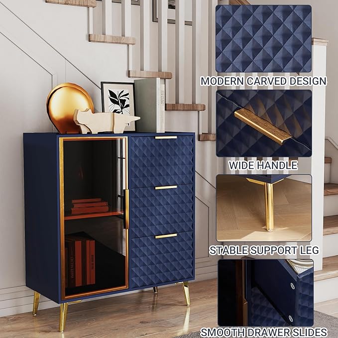 Rovibek Modern Sideboard Cabinet with Storage, Small Kitchen Buffet Cabinet with Glass Door & 3 Drawers, 31" Accent Sideboard Buffet for Kitchen, Living Room, Blue