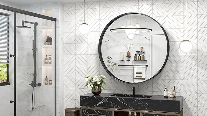 TokeShimi 40 Inch Round Black Bathroom Mirror for Wall with Non-Rusting Aluminum Alloy Brushed Matte Metal Frame for Modern Minimalist Farmhouse Home Decor