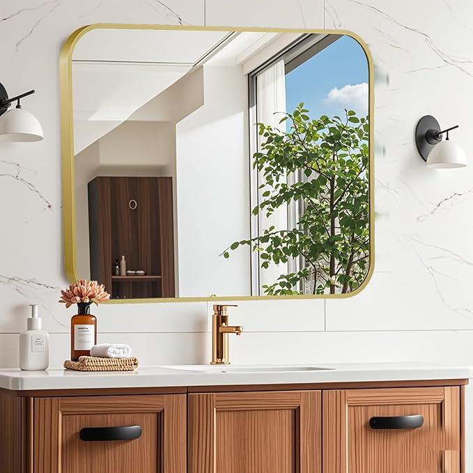 48x30 Inch Gold Mirror, Framed Rectangle Mirror with Rounded Corner, Brushed Brass Mirror, Gold Bathroom Mirror for Over Sink, Vanity, Living Room, Bedroom, Horizontal/Vertical