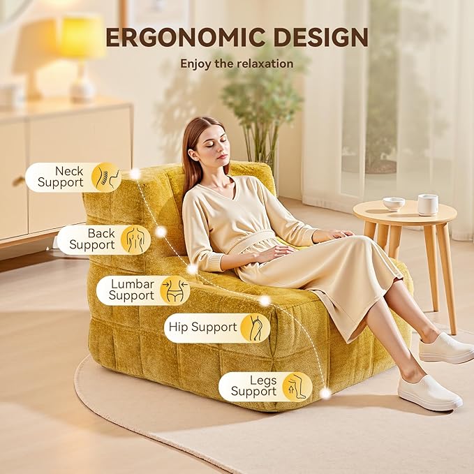 Bean Bag Chair, Soft Chenille Pre-Filled Lazy Chair Floor Sofa Bean Bag Chair for Adults and Teens, Accent Chair for Living Room Bedroom Apartment (Yellow)
