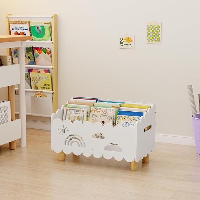 Wood Kids Bookshelf, Montessori Bookshelf, With 2 Adjustable Dividers, Suitable Kids Rooms, Nursery & Classroom, Kids Bookshelf And Toy Storage, Toddler Book Rack, Nursery Book Shelves, (White) big