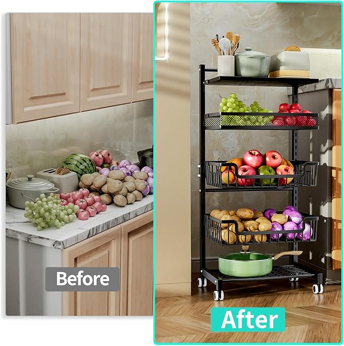 HapiRm Fruit Basket Kitchen Cart - 5 Tier Adjustable Vegetable Storage Rack, Large Capacity Rolling Kitchen Carts on Wheels for Snack Onion and Potato Storage