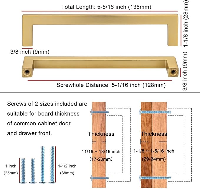 KOOFIZO 30-Pack Solid Square Bar Cabinet Handle - Brushed Gold Furniture Pull, 5 Inch/128mm Screwhole Distance for Kitchen Cupboard Door, Bedroom Dresser Drawer, Bathroom Wardrobe Hardware