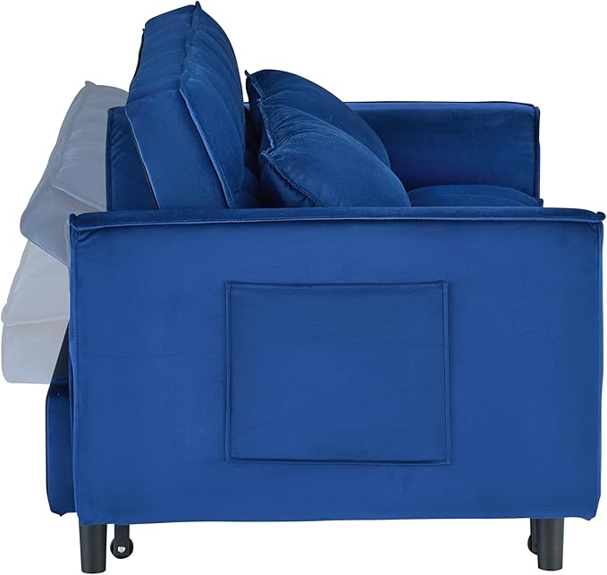 Ball & Cast 3 in 1 Convertible Sleeper Sofa Bed,Velvet Futon Couch with Pull-Out Bed,Convertible Pull Out Couches W/ 2 Pillows,Adjustable Backrest & Side Pocket,for Living Room,Apartment,Blue,55"