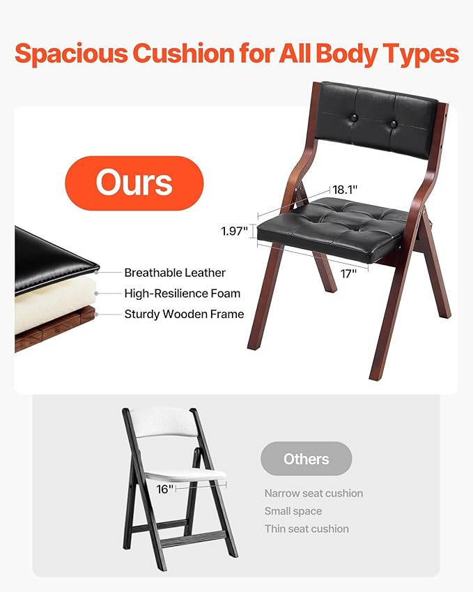VEVOR Wooden Folding Chairs with Leather Cushion, Set of 2, Portable Foldable Cushion Chair with Wooden Frame, Easy Assembly, Modern Leather Padded Dining Chair for Office, Wedding, Party, Home, Black