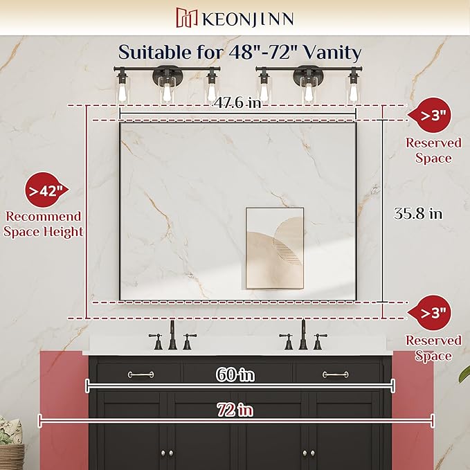 Keonjinn Black Bathroom Mirror 48 x 36 Inch, Large Rectangle Matte Black Vanity Mirrors, Square Corner, Metal Framed Rectangular Farmhouse Wall Mirror for Over Sink(Horizontal/Vertical)