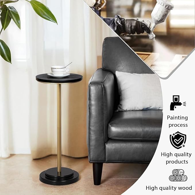Drink Table, Small Pedestal Side Table with Wooden Carved Top for Living Room, Bedroom, Small Space, Gold and Black