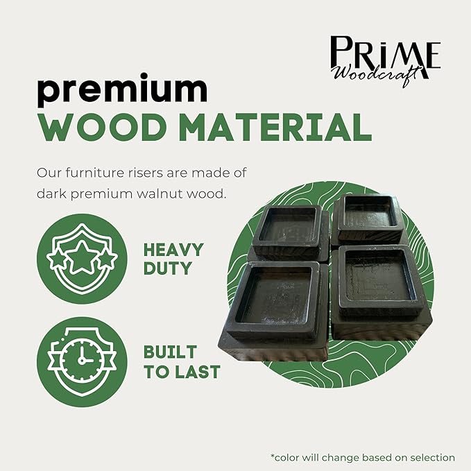 Walnut Wood Risers - 2 Inch Height, 4 Risers, Black - Square Bed Risers for Storage and Cleaning - Heavy Duty Furniture Lifter for Table, Couch and Sofa Legs at Home and Office