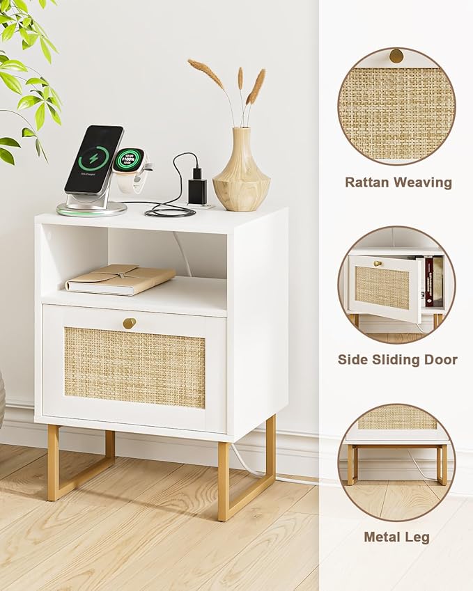 Masupu Rattan Nightstand with Charging Station,Modern Boho Farmhouse Wood Bedside Table with Storage Drawer and Open Shelf,Small Gold Frame Side End Table for Bedroom,Living Room,Office White