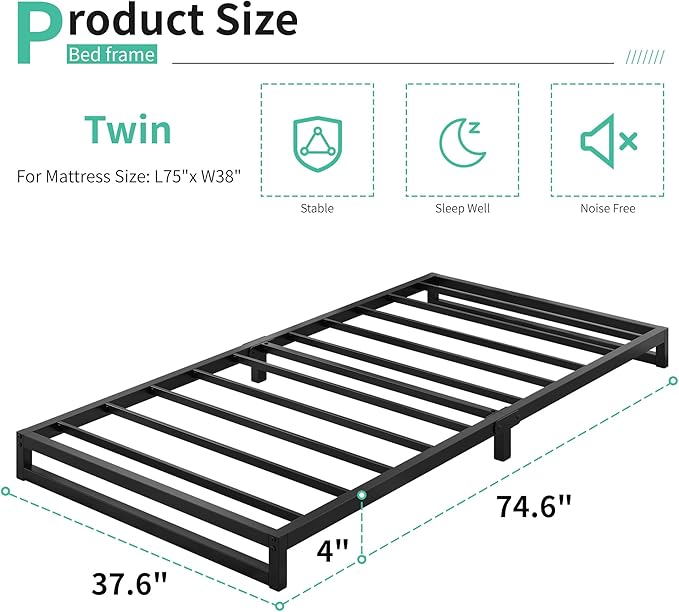 4 Inch Twin Size Bed Frames Heavy Duty Metal Twin Platform Bed Frame No Box Spring Needed, Noise Free, Easy Assembly, Black