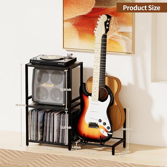 End Table with Guitar Stand,Record Player Stand,Vinyl Records Storage,2-Tier Guitar Stand for Acoustic, Electric Guitar,Bass,Turntable Stand Side Table for Music Room Studio Living Room-Black