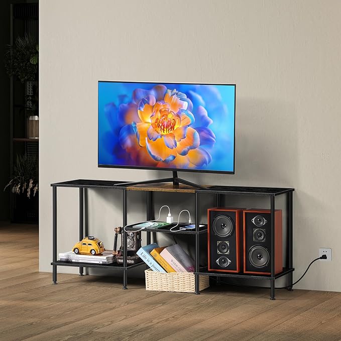 Small TV Stand with Power Outlet, Industrial TV Media Console with Storage Black Wood Entertainment Center up to 50 inch TV for Living Room, Bedroom, Kids Room