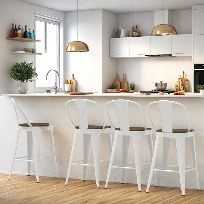 30” Swivel Bar Stools Set of 4, Counter Height Bar Stools Wooden Seat, Metal Industrial Bar Chairs with High Back for Kitchen Island (White)