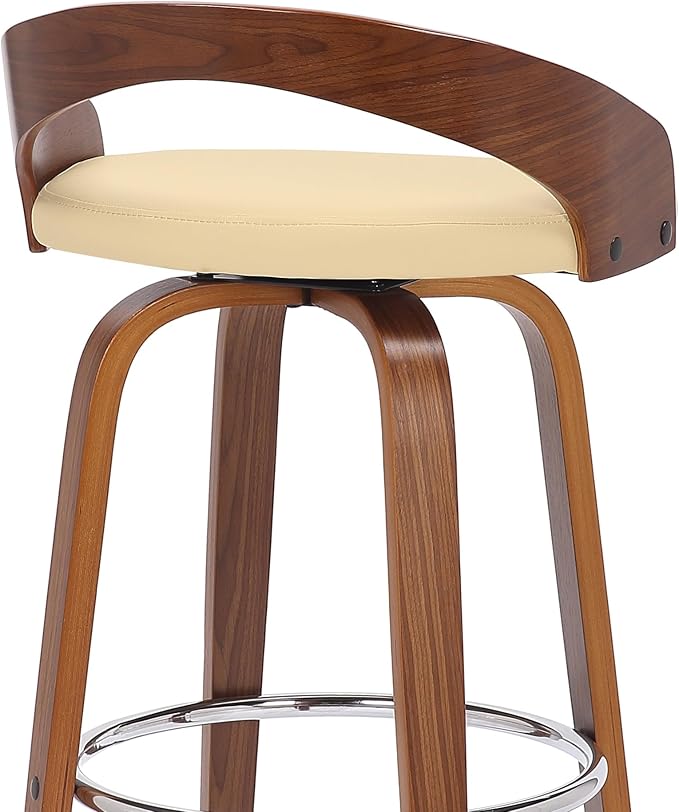 Armen Living Sonia 30" Bar Height Swivel Cream Faux Leather and Walnut Wood Bar Stool - Set of 3