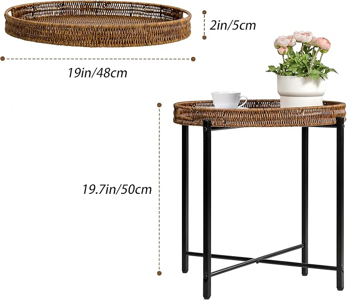 Brown Small Round End Table, 19in Rattan End Tables, Wicker Rattan Side Table, Round Sofa Side Table, Indoor Outdoor Side Tables for Patio, Living Room Bedroom Office