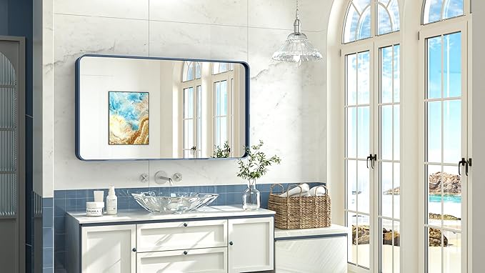 TokeShimi 48 x 24 Inch Wall Mirror Blue Bathroom Vanity Mirror with Metal Frame Aluminum Alloy Rounded Corner for Modern Farmhouse Wall Decor 1”Deep Set Design (Horizontal/Vertical)