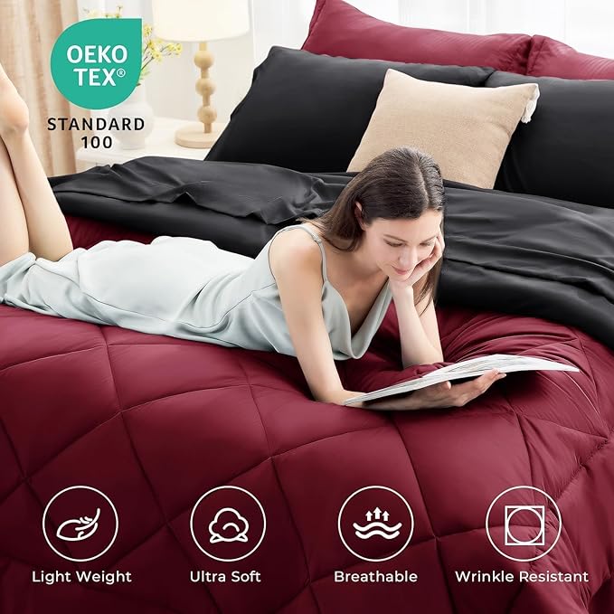 HEVUMYI Red & Black Cali-King Comforter Set - 7-Piece All Season Bed in a Bag Cali-King, Ultra Soft Burgundy Bedding Set with Comforter, Flat Sheet, Fitted Sheet, Pillowcases, Pillow Shams, Burgundy