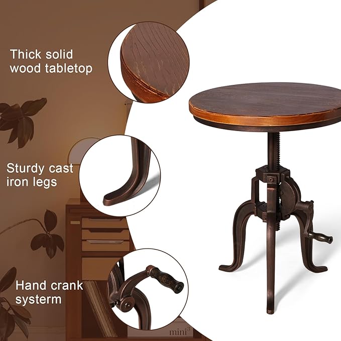 Industrial Iron Adjustable Crank Accent Table,Walnut Wood Top/Copper Home Decor Crank End Table