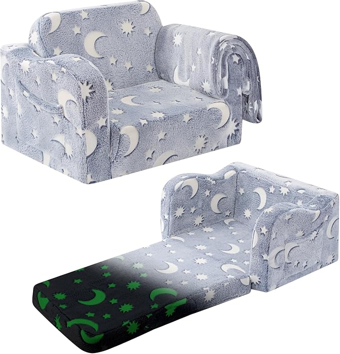 Kids Toddler Chair, 2-in-1 Toddler Couch Fold Out, Convertible Chairs for Toddlers Comfy Sofa to Lounger with Glow in The Dark Feature, Soft for Girls and Boys