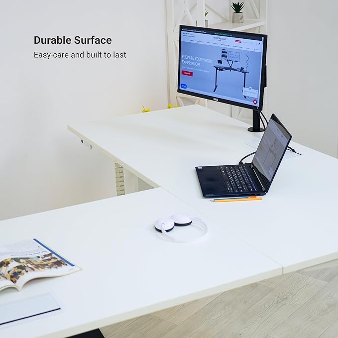 Progressive Desk Height Adjustable Computer Standing Desk - L Shaped 70" x 55" Corner Electric Stand Up Rising Workstation - Ebony Oak, Gray Frame