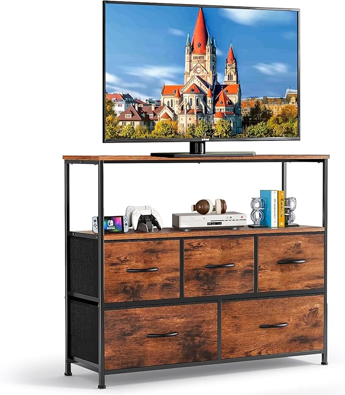 TV Stand, 5 Fabric Drawers Dresser Entertainment Center for TV up to 45 inch Wooden Media Console Table Storage Organizer with Open Shelf, for Living Room, Bedroom, or Small Space, Brown