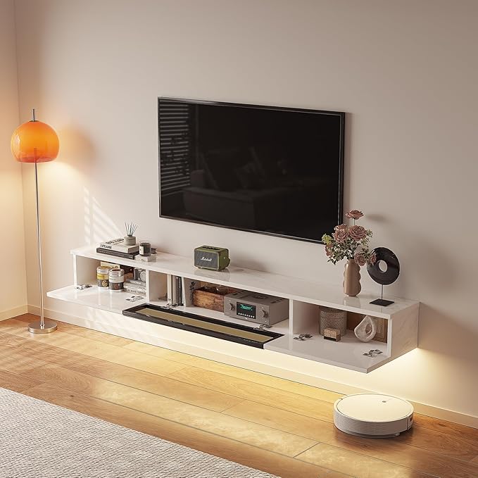 High Gloss Floating TV Stand,47'' Wall Mounted TV Console,Under TV Floating Shelf,Floating TV Cabinet with 3 Doors for Bedroom Living Room,White